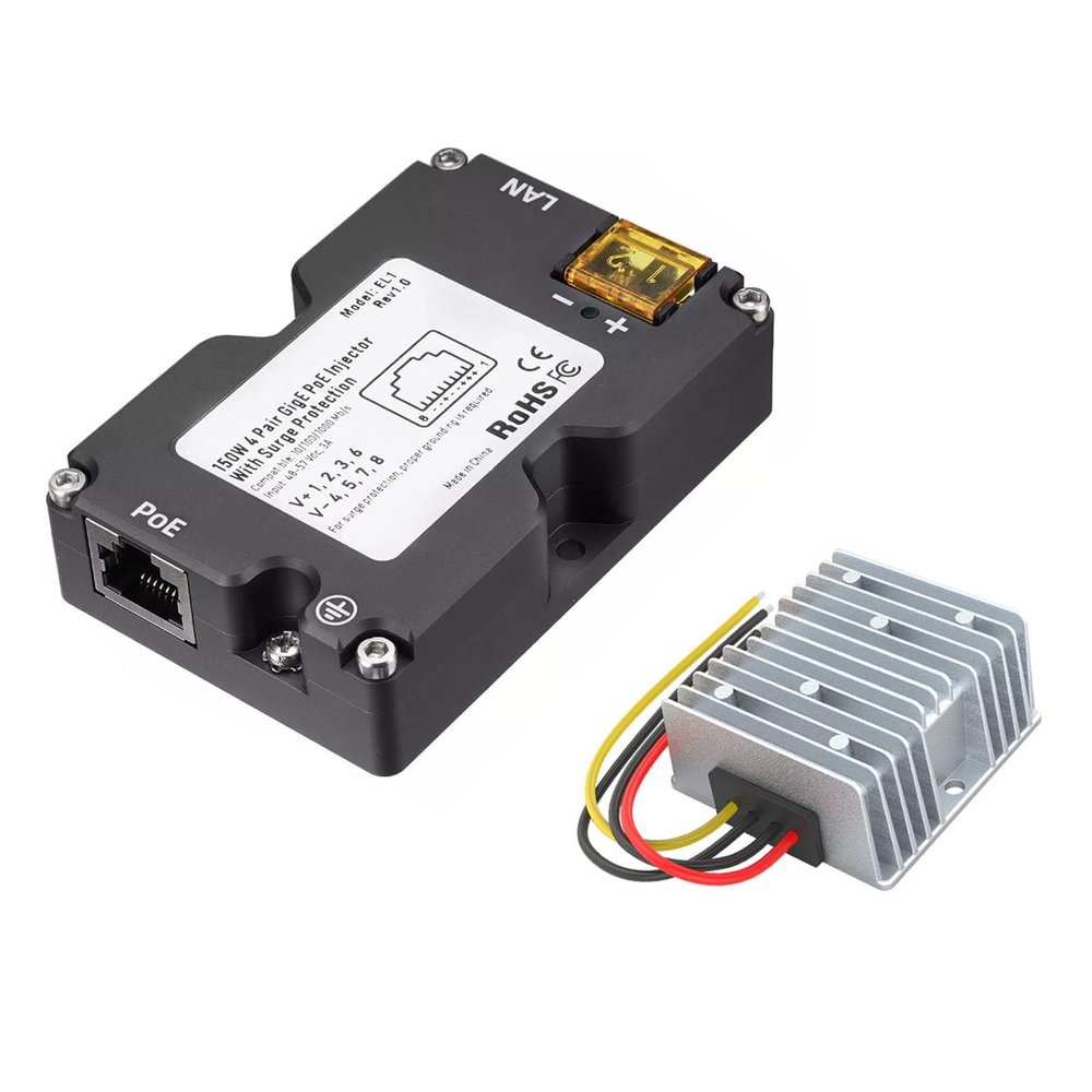 150W GigE PoE Injector Surges and ESD Safety Protect 1000Mbps Data Transfer Rate and 12V to 48V DC Boost Converter for Dish V2