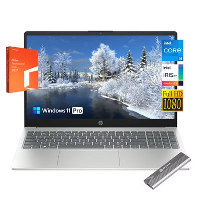HP 15.6" FHD Laptop with Microsoft Office Annual License, Intel Core i5-1235U Processor, 32GB RAM, 1TB SSD,Windows 11 Pro, Wi-Fi6, Bluetooth, HDMI, Type-C, Skyerd 128GB NVMe Portable SSD, Silver
