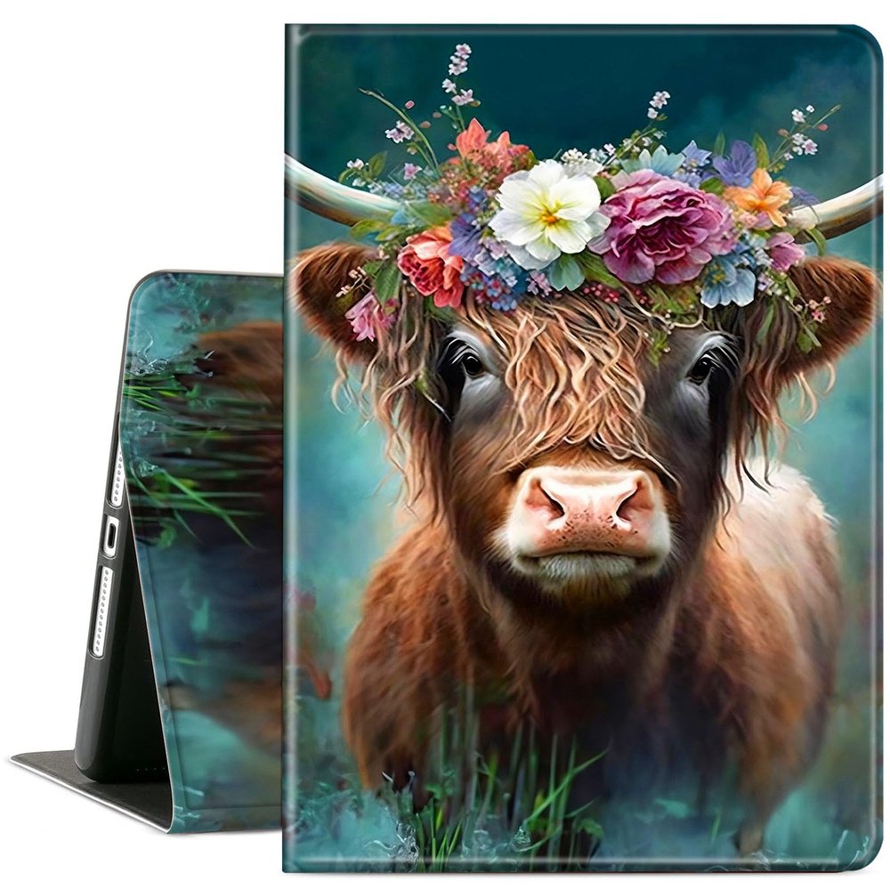 ACWDMKH Case for Samsung Galaxy Tab S7 FE 2021 / S8 Plus 2022 / S7 Plus 2020 12.4 Inch,PU Leather Cute Slim Folio Adjustable Stand Smart Cover with Auto Wake/Sleep,Cute Highland Cow