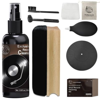 DINGSEN Vinyl Record Cleaning Kit,Complete 8-in-1,100ml Vinyl Record CleanerVelvet Record BrushStraight Handle BrushRound Head BrushSilicone Record TraySuede WipeEar Wash Ball & Storage Bag