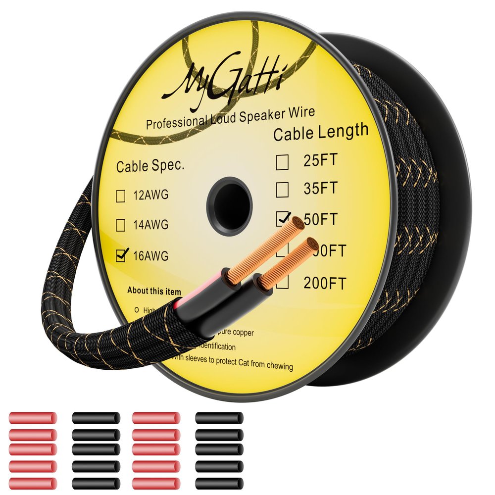 16/2 Speaker Wire 50 Feet, 16AWG Gauge Speaker Cable, Direct Burial, Durable Nylon Braided, in Wall, 2 Conductors, OFC Oxygen-Free Copper, for Car Audio Stereos, Home Theater, Surround Sound, Radio