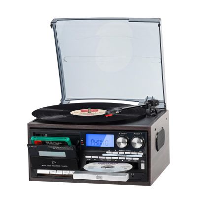 9-in-1 Retro Turntable with Built-in Speakers, Reocrd Player with Bluetooth, AM/FM Radio, CD, Cassette, USB/SD Playback, Remote Control, and Headphone Jack