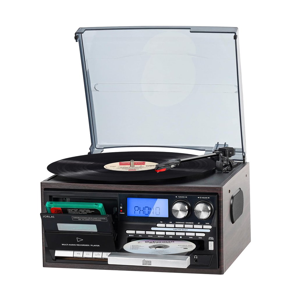 9-in-1 Retro Turntable with Built-in Speakers, Reocrd Player with Bluetooth, AM/FM Radio, CD, Cassette, USB/SD Playback, Remote Control, and Headphone Jack