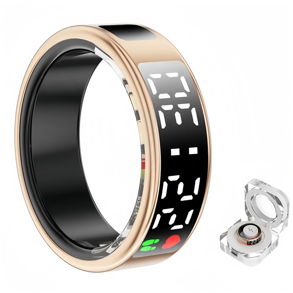 Smart Ring Health Fitness Tracker, Touch Screen Smart Ring for Men and Women, Sleeping Steps Heart Rate Blood Oxygen Monitor, Remote Photography LED Display Ring Waterproof Fitness Ring (Gold, 9)
