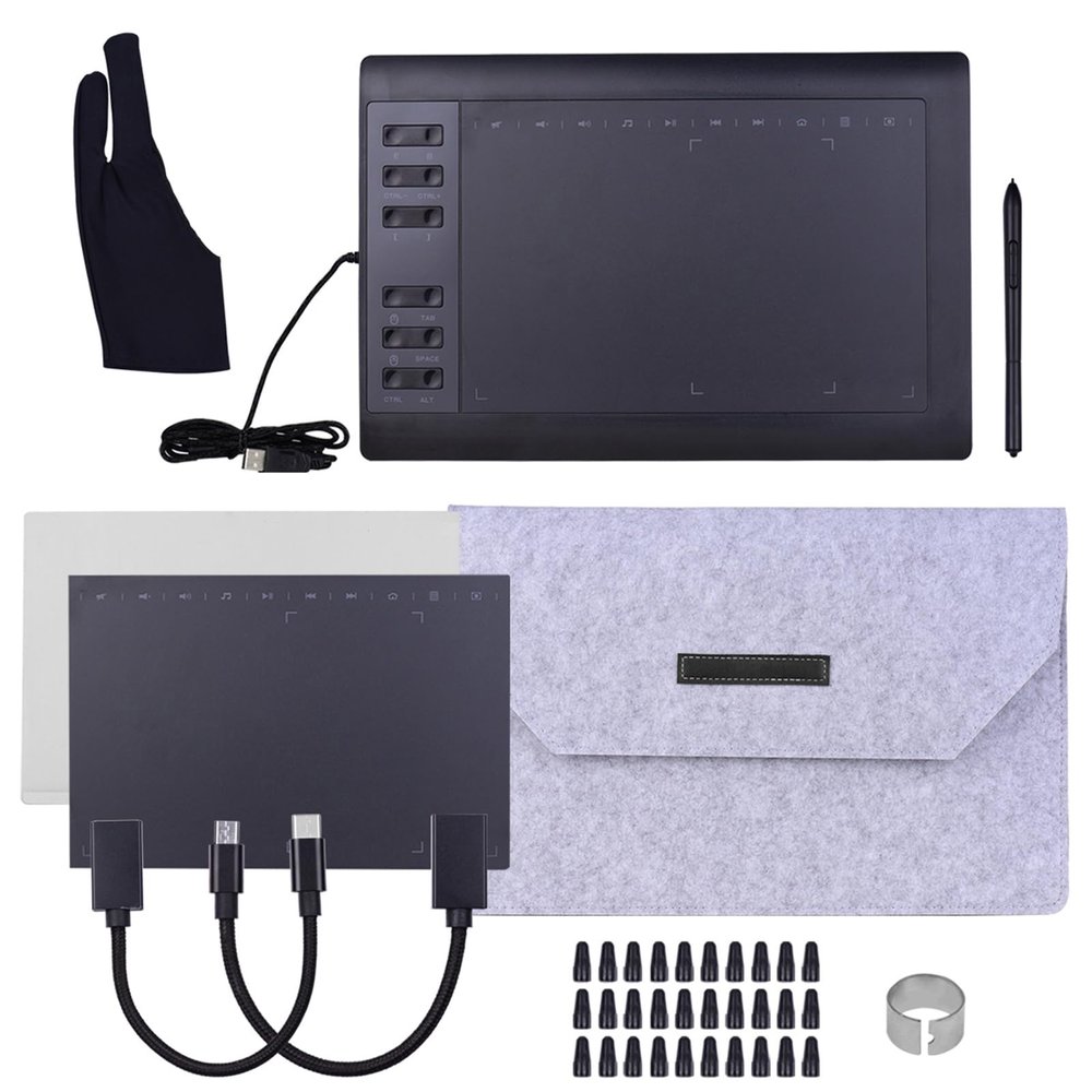 Drawing Tablet, Graphics Tablet Graphics Drawing Pad (10x6 inch) for Art Painting, Animation Design, Editing Images Or Handwriting Input (Package 4)