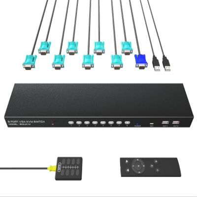 8 Port VGA KVM Switch with Remote, USB Switcher, 8 Computers Share 1 Monitor, 4 USB 2.0 Hubs, Keyboard Mouse Printer, 8 KVM VGA Cables, 1 Desktop Controller, 1 IR Remote