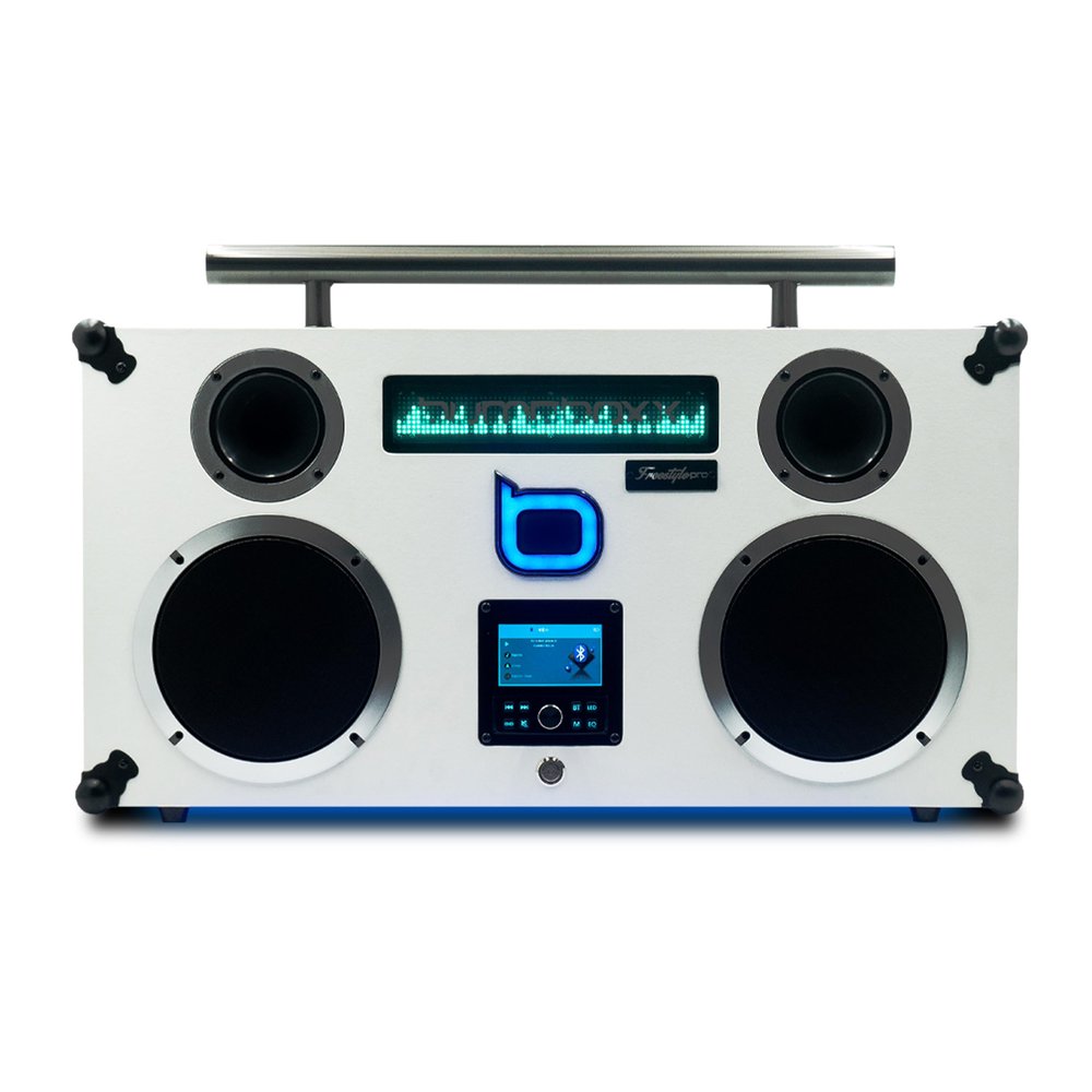 Bumpboxx Freestyle Pro Retro Boombox Bluetooth Speaker, Up to 16-hour Play Time, Deep Bass, Large Bluetooth Boombox Speaker with 3.5" LCD Display, 2 Wireless Rechargeable Microphones, White