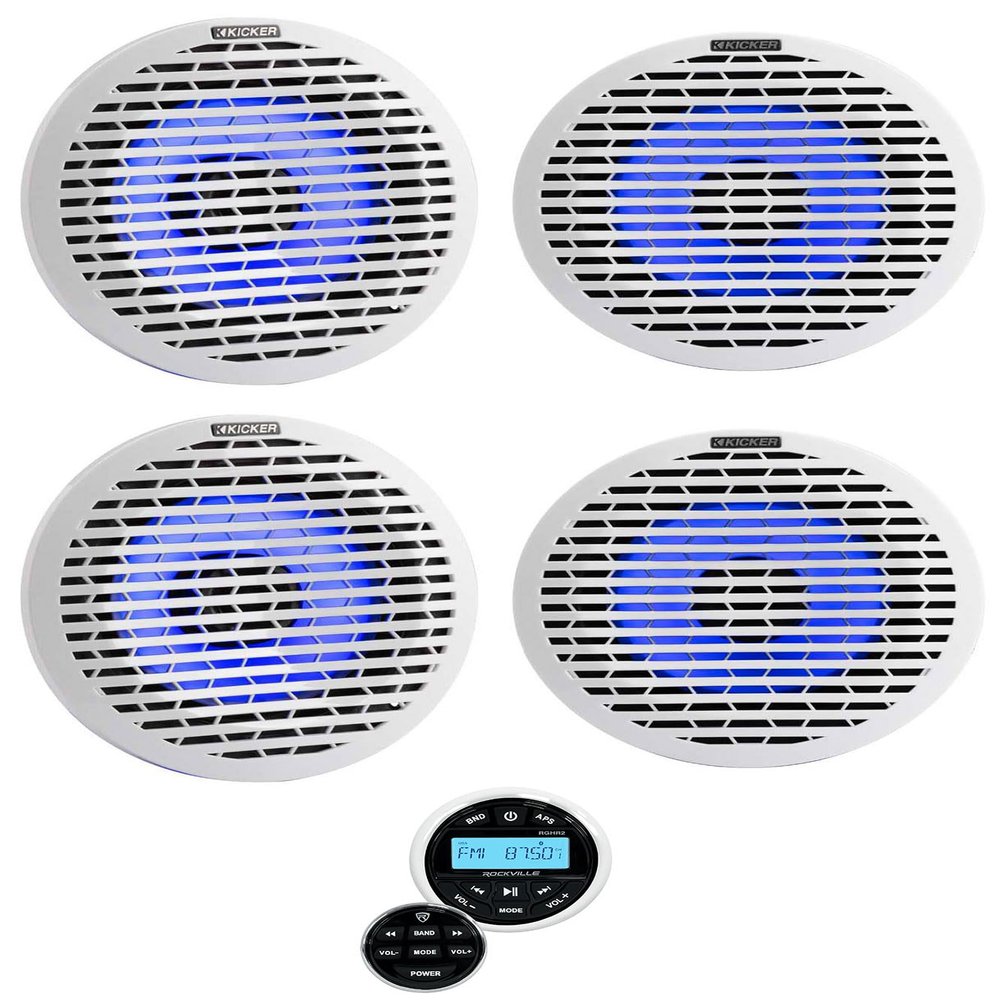 Audiosavings Bundle: (4) Kicker 51KM614FL 6.5" Thin Mount 60w Marine Boat Speakers w/RGB LED KM614FL Bundle with Rockville RGHR2 Marine Gauge Hole Receiver w Bluetooth USB (5 Items)