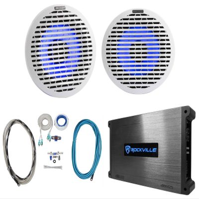 Audiosavings Bundle: (2) Kicker 51KM614FL 6.5" Thin Mount 60w Marine Boat Speakers Bundle with Rockville DBM25 2 Channel Boat Amplifier & Rockville RMWK4 Amp Install Wire Kit (4 Items)