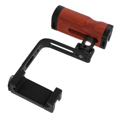 Phone Camera Rig Hand Grip, Wooden Handle with Adjustable L Plate, Cold Shoe Mounts, for, for iOS Smartphones