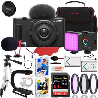 Sony ZV-1F Vlogging Camera (Black) Bundle + Accessory Kit Including 64GB Extreme Memory, Microphone, LED Light, U-Stabilization Grip, Case, Filter Kit, Software Package & More (25 Items)
