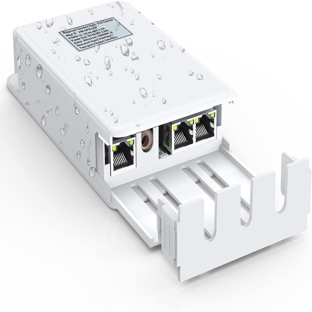 VIMIN 2-Port Outdoor PoE Gigabit Extender, 1 in 2 Out PoE Repeater with 1000Mbps, IEEE802.3af/at Compatible, IP65 Waterproof, Extend Additional 100m(328ft) of Power and Data Transmission, Plug & Play