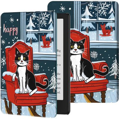 GFRGTFHYT Case for 7" All-New Kindle Paperwhite (12th Generation, 2024) and Kindle Colorsoft Signature Edition Slim Lightweight PU Leather Adjustable Smart Shell Cover with Auto Wake/Sleep, Happy Cat