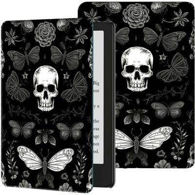 Case for 7" All-New Kindle Paperwhite (12th Generation, 2024) and Kindle Colorsoft Signature Edition Slim Lightweight PU Leather Adjustable Smart Shell Cover with Auto Wake/Sleep, Skull Butterfly Moth