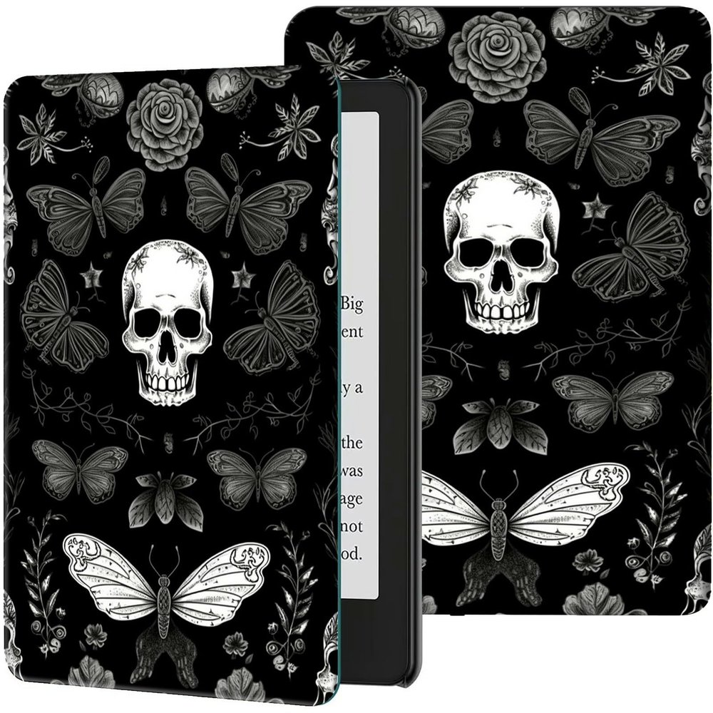 Case for 7" All-New Kindle Paperwhite (12th Generation, 2024) and Kindle Colorsoft Signature Edition Slim Lightweight PU Leather Adjustable Smart Shell Cover with Auto Wake/Sleep, Skull Butterfly Moth