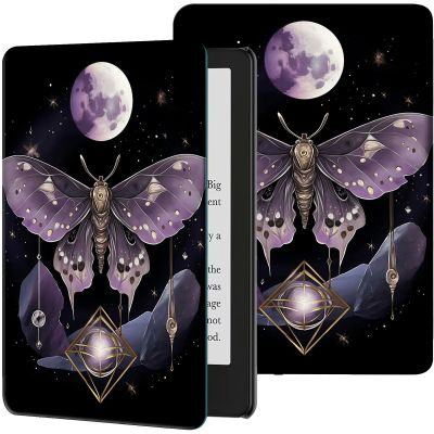 Case for 7" All-New Kindle Paperwhite (12th Generation, 2024) and Kindle Colorsoft Signature Edition Slim Lightweight PU Leather Adjustable Smart Shell Cover with Auto Wake/Sleep, Moth Moon Butterfly