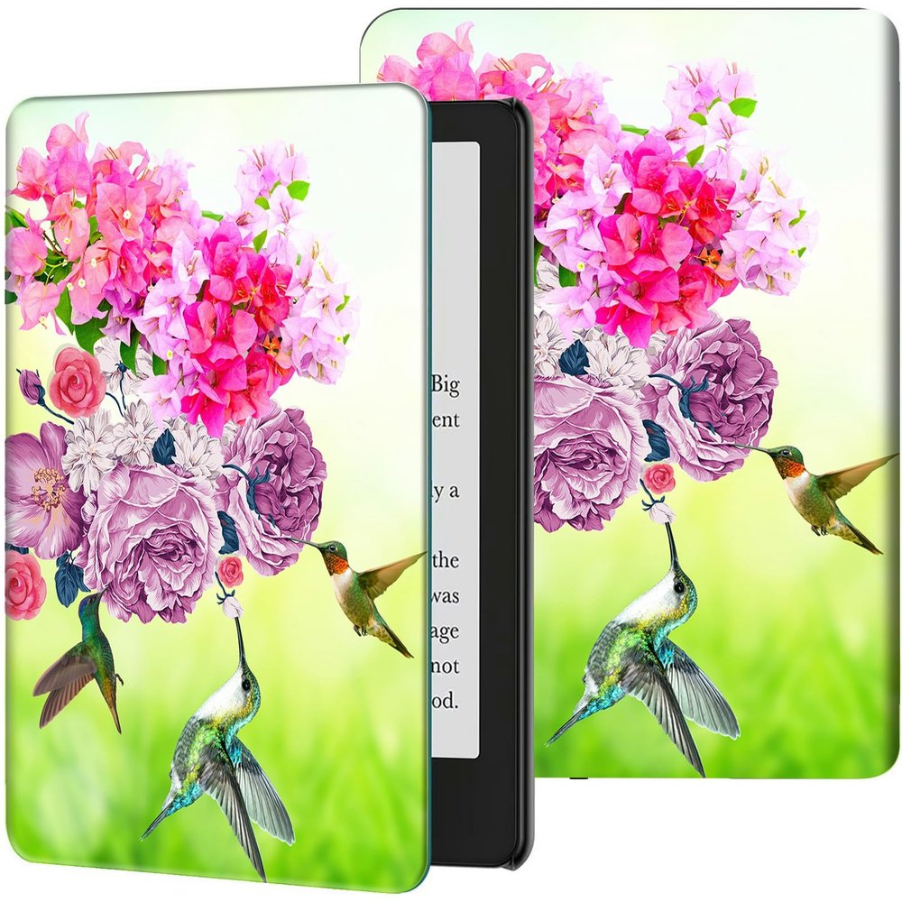 Case for 7" All-New Kindle Paperwhite (12th Generation, 2024) and Kindle Colorsoft Signature Edition Slim Lightweight PU Leather Adjustable Smart Shell Cover with Auto Wake/Sleep, Hummingbird Flowers