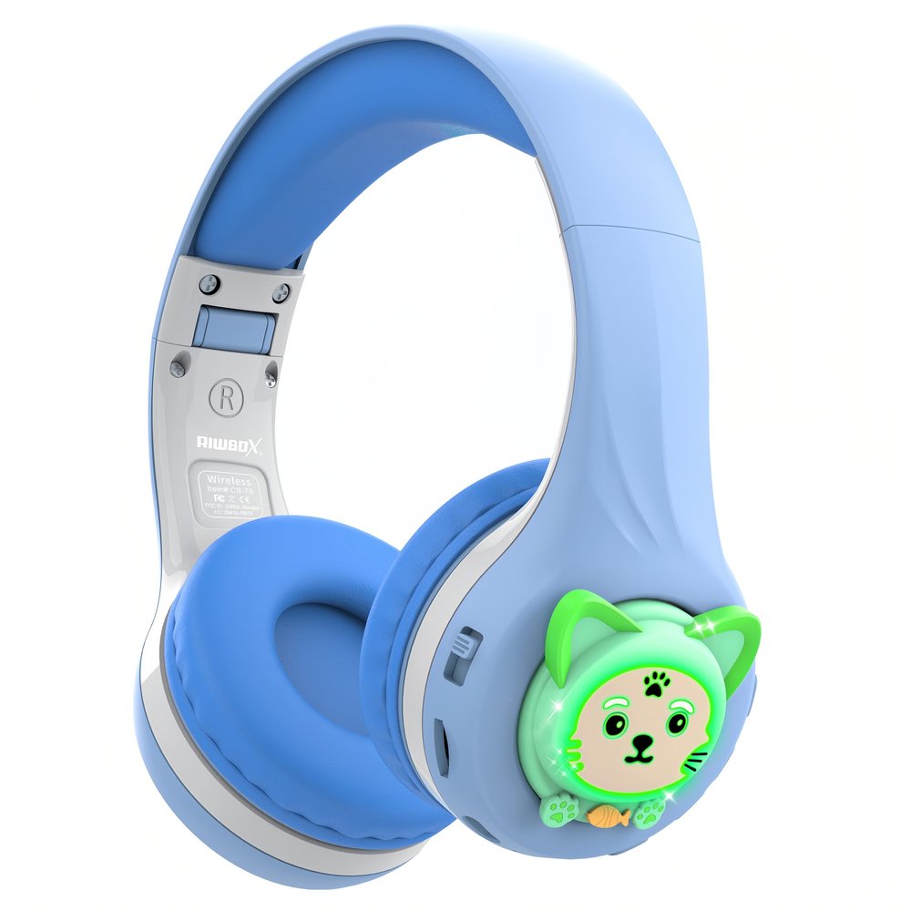 Riwbox CB-7S Kids Wireless Headphones,with Safe Volume Control 74/85/95dB,LED Glow Lights,50H Playtime,Bluetooth V5.3,Built-in Mic, TF Card Slot,for Travel/School/Phone/Laptop(Blue&Grey)