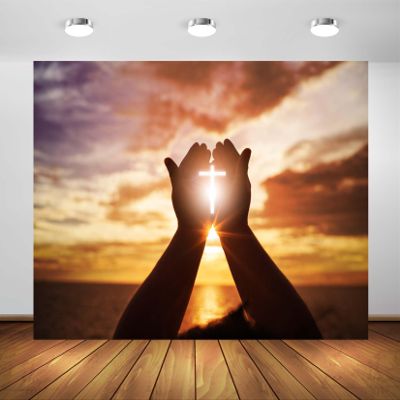 BELECO 8x6ft Fabric Christian Cross Backdrop Sunset Jesus Hands Praying God Bless Worship Backdrop Respect and Pray Background Religious Belief Christian Church Easter Party Decor Banner Photo Prop