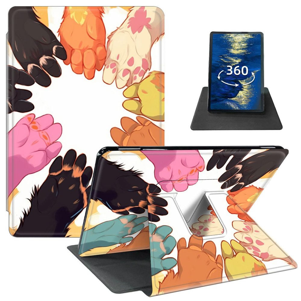 Case for 7" All-New Kindle Paperwhite (12th Generation, 2024) and Kindle Colorsoft Signature Edition PU Leather 360 Degree Rotating Swivel Stand Smart Cover with Auto Wake/Sleep,Cute Cat Paws