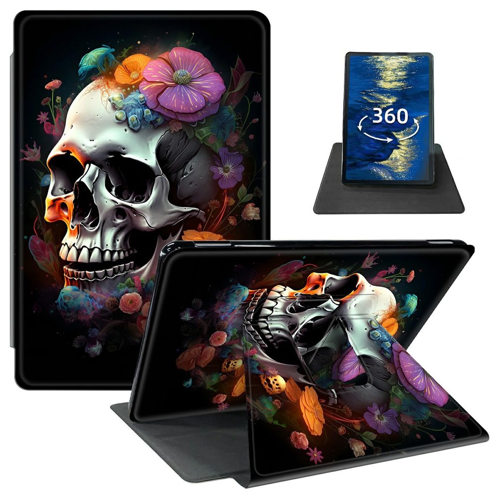 Case for 7" All-New Kindle Paperwhite (12th Generation, 2024) and Kindle Colorsoft Signature Edition PU Leather 360 Degree Rotating Swivel Stand Smart Cover with Auto Wake/Sleep,Flowers Skull