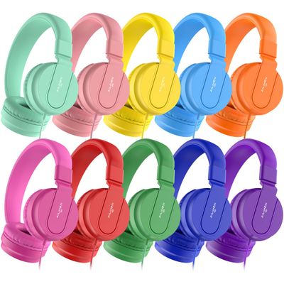 Classroom Headphones Bulk 10 Pack - Kids Headphones for School K-12 Student, 93dB Volume Limited On-Ear Wired Headset with Microphone, Durable 3.5mm Jack for Class Set Library Computer (Mixed Color)