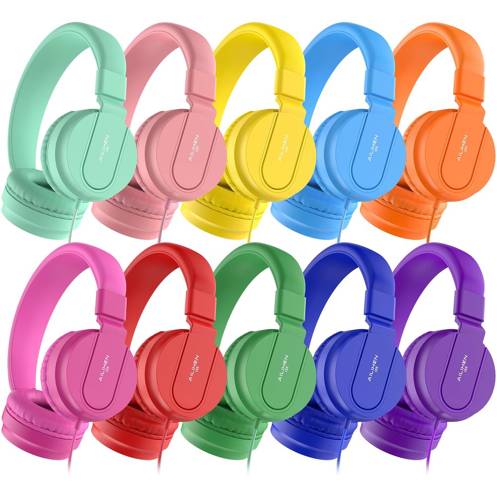 Classroom Headphones Bulk 10 Pack - Kids Headphones for School K-12 Student, 93dB Volume Limited On-Ear Wired Headset with Microphone, Durable 3.5mm Jack for Class Set Library Computer (Mixed Color)