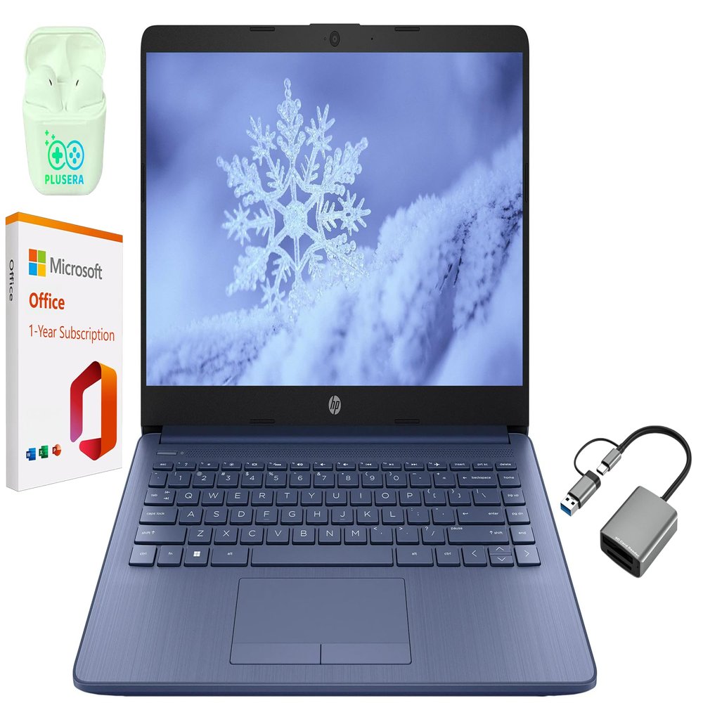 HP 14" LED Business Laptop Computer, 8GB RAM 320GB Storage (64GB eMMC+256GB SD Card), Intel Quad-Core N4120, Windows 11 S Laptop with 1-Year Microsoft Office 365, PLUSERA Earphones, Blue