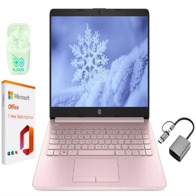 HP 14" LED Business Laptop Computer, Intel Quad-Core N4120, Windows 11 S Laptop with 1-Year Microsoft Office 365, PLUSERA Earphones (Pink, 8GB RAM | 64GB eMMC+256GB SD Card)