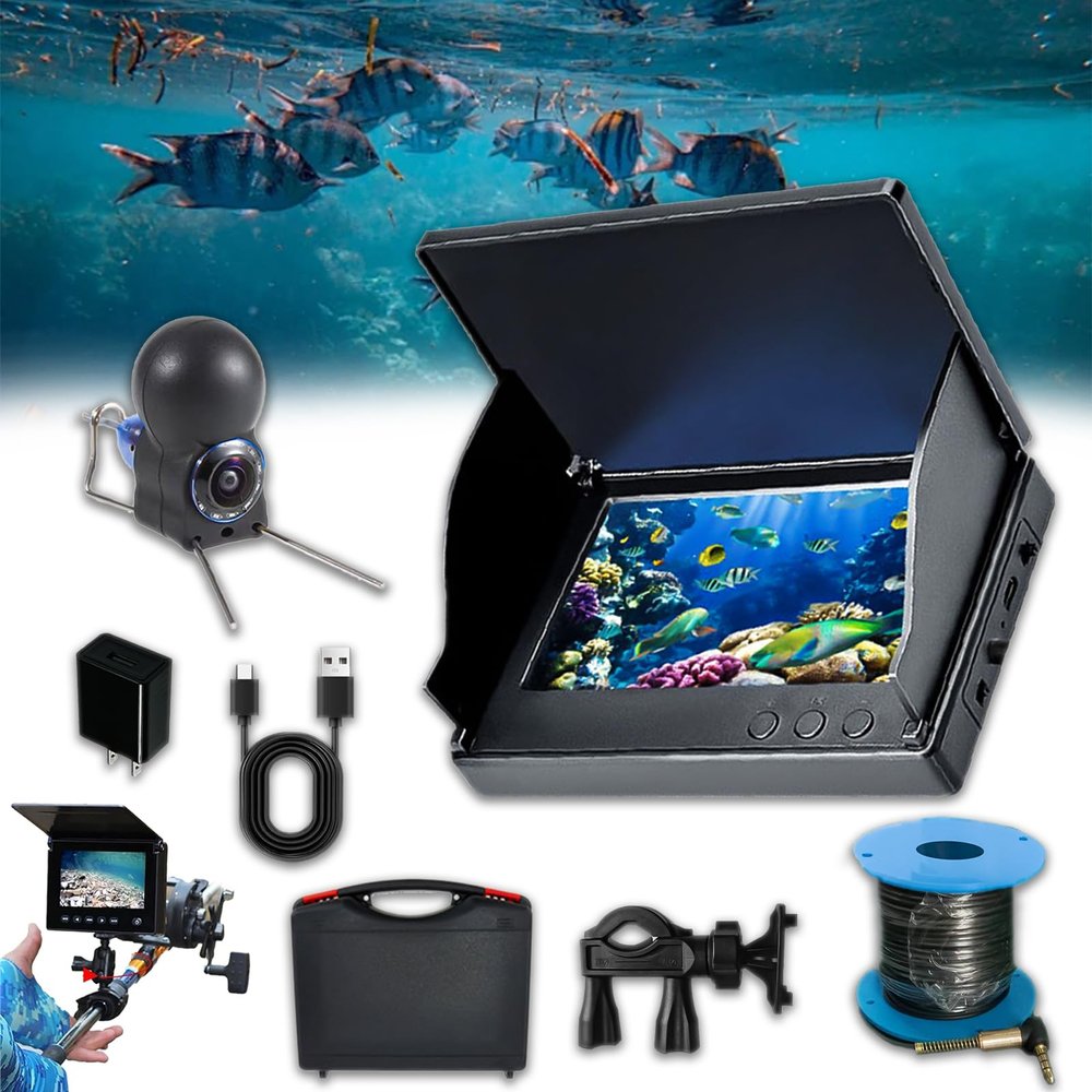 4.3"/ 5" Underwater Fish Finder Camera, 4K Ice Fishing Fish Finder, Underwater 220 Fishing Camera - 12 LEDs, Night Vision, Wide Angle (Blue-15m/5in)