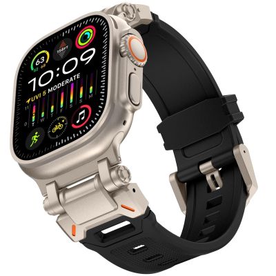 CZKE For Apple Watch Ultra 2 Band 49mm For Apple Watch Band Series 9/8/SE2/7/6/SE/5/4/3/2/1 45mm/44mm/42mm Durable Metal Connector Band, Rugged TPU Sport Replacement Band(Black - Titanium Adapters)