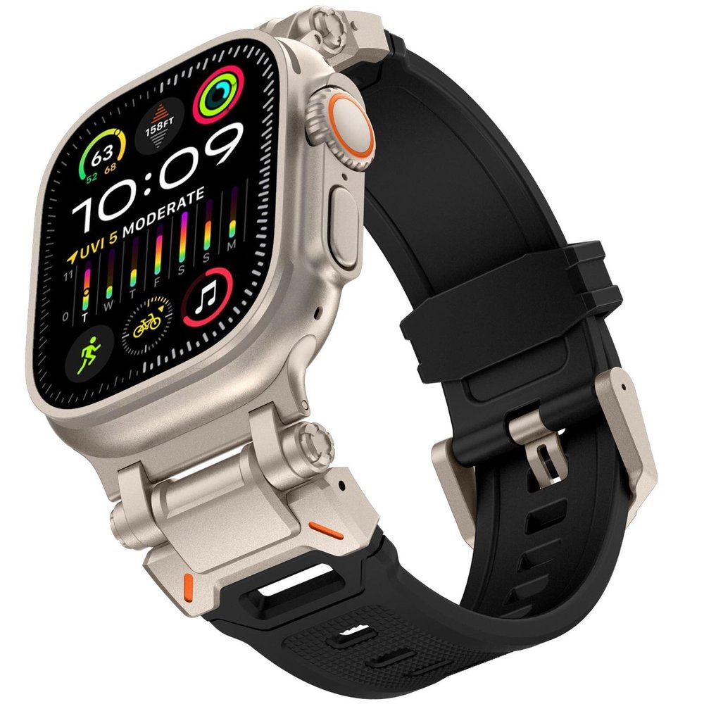 CZKE For Apple Watch Ultra 2 Band 49mm For Apple Watch Band Series 9/8/SE2/7/6/SE/5/4/3/2/1 45mm/44mm/42mm Durable Metal Connector Band, Rugged TPU Sport Replacement Band(Black - Titanium Adapters)