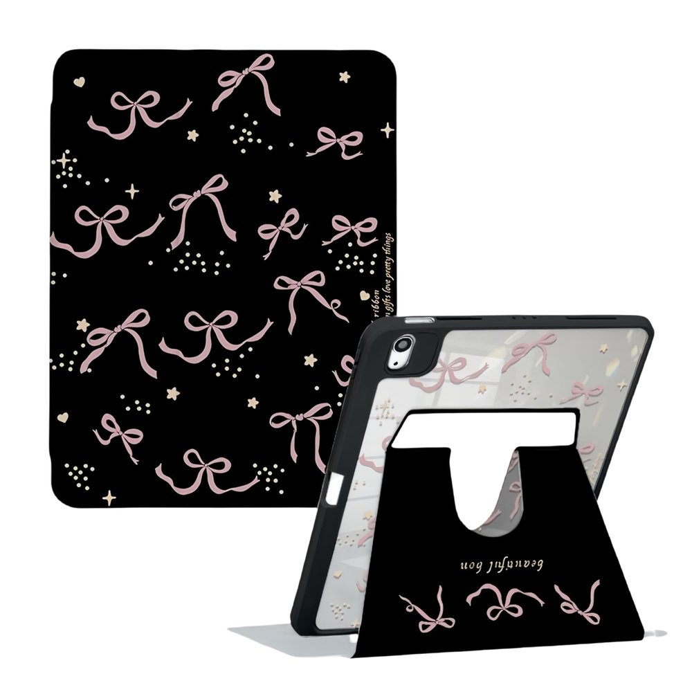 720 Degree Rotation Girly Bow Pad Case Black Case for iPad Pro 2024/iPad Air 6/Gen 10, with Pencil Holder & Auto Wake/Sleep, Folio Stand Case for iPad 2019/2020/2021 (iPad 10(10.9"))