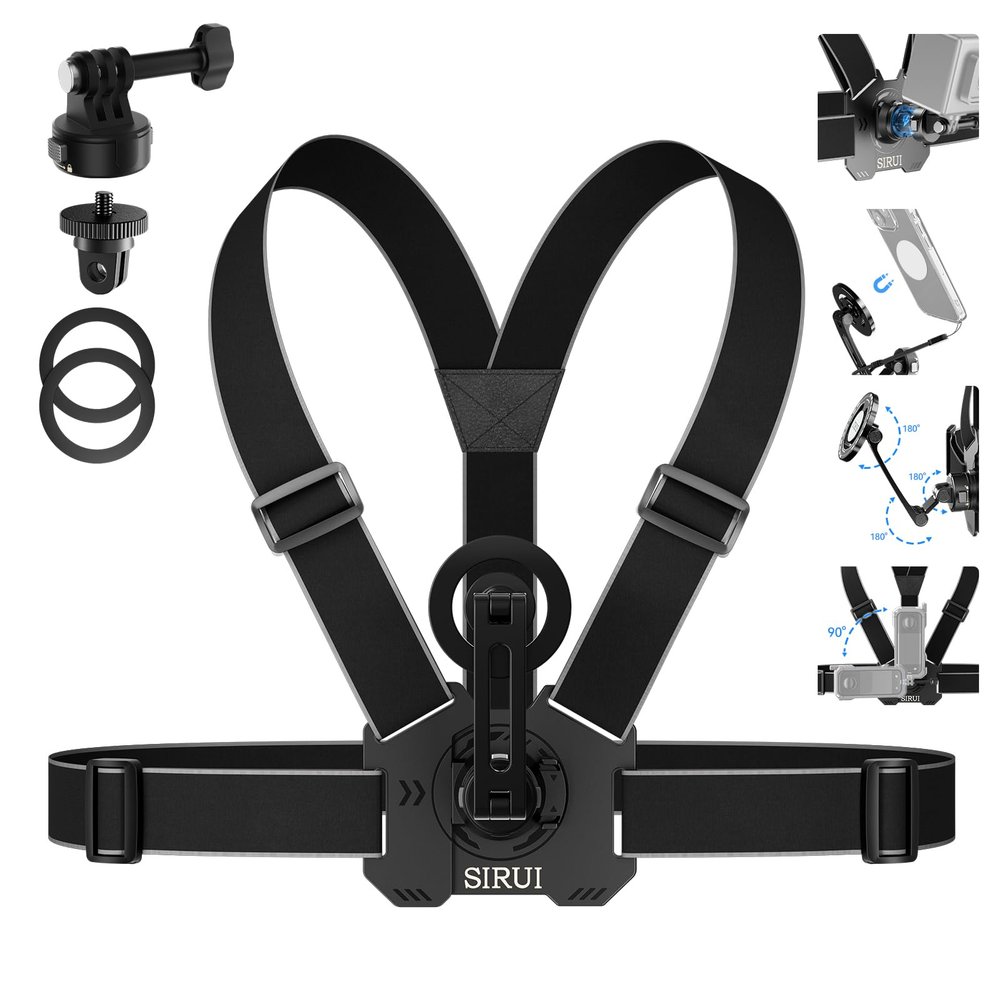 Sirui Quick Release Chest Mount for Action Camera & Phone, Magnetic Adjustable Camera Body Strap with Metal Rings, Body Phone Holder for POV, AM-AC02