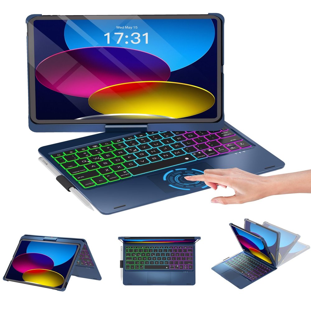 Baisla iPad 10th Generation Case with Keyboard 10.9"& iPad 11th (A16) & iPad Air 11 (M3/M2), Multi Trackpad, 360 Swivel & Rainbow Backlit for iPad Air 5th/4th,iPad Pro 11 4th/3rd/2nd/1st - Blue