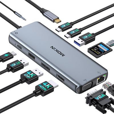 USB C Docking Station Dual Monitor, Laptop Docking Station 3 Monitors, MOKiN 12-in-1 USB C Dock Hub Multiport Adapter with 4K HDMI+DisplayPort+VGA, 100W PD, 4 USB Ports, Ethernet, SD/TF and Audio