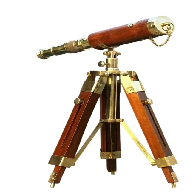 Antique Vintage Shiny Brass Telescope Leather Covering with Wooden Tripod Stand Navy Ship