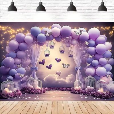 Purple Butterfly Balloons Birthday Photography Background Girl 1st Birthday Party Decoration Hearts Valentine's Day Backdrop Purple Balloons Butterfly Wonderland Baby Shower Banner (7X5FT)