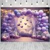 Purple Butterfly Balloons Birthday Photography Background Girl 1st Birthday Party Decoration Hearts Valentine's Day Backdrop Purple Balloons Butterfly Wonderland Baby Shower Banner (7X5FT) view 2