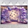 Purple Butterfly Balloons Birthday Photography Background Girl 1st Birthday Party Decoration Hearts Valentine's Day Backdrop Purple Balloons Butterfly Wonderland Baby Shower Banner (7X5FT) view 3