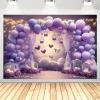 Purple Butterfly Balloons Birthday Photography Background Girl 1st Birthday Party Decoration Hearts Valentine's Day Backdrop Purple Balloons Butterfly Wonderland Baby Shower Banner (7X5FT) view 4