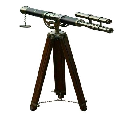 Double Barrel Brass Telescope with Wooden Tripod Stand Nautical Floor Standing Brass Telescopes 55 Inch