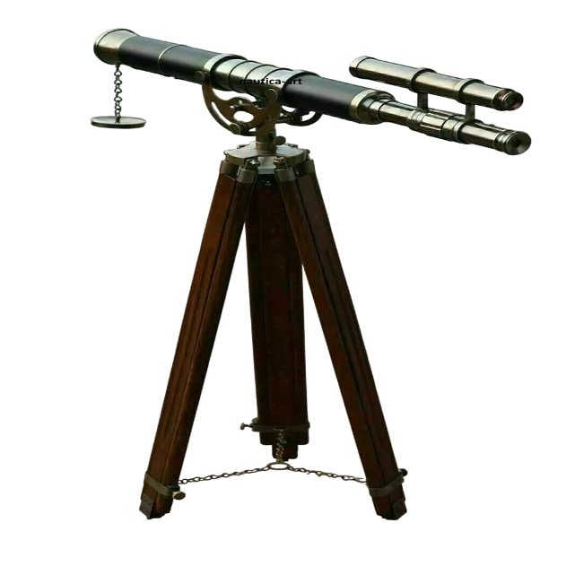 Double Barrel Brass Telescope with Wooden Tripod Stand Nautical Floor Standing Brass Telescopes 55 Inch