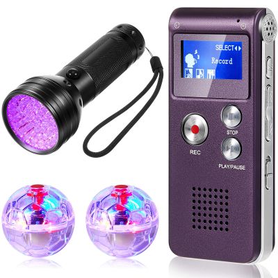 Dunzy 4 Pcs Ghost Hunting Equipment Kit Include 1 EVP Voice Recorder 8 Gb 1 UV Flashlight 2 LED Light up Cat Balls Ghost Investigation Paranormal Equipment for Home Outdoor Inspection(Purple,Classic)