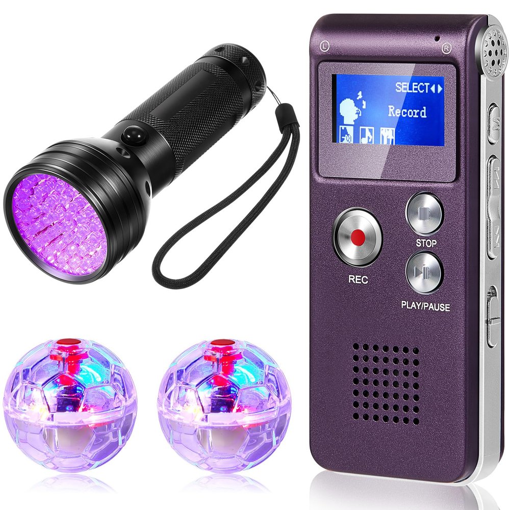 Dunzy 4 Pcs Ghost Hunting Equipment Kit Include 1 EVP Voice Recorder 8 Gb 1 UV Flashlight 2 LED Light up Cat Balls Ghost Investigation Paranormal Equipment for Home Outdoor Inspection(Purple,Classic)