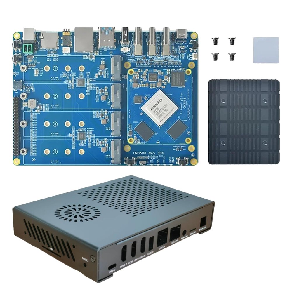 APBVIHL FriendlyELEC CM3588 NAS Kit 2.5G Rockchip Demon Board with Mental Case 4xPCIe3.0 4K/8K CM3588 NAS SDK Kit 4 NVMe HDMI (4GB Ram+32GB eMMC)