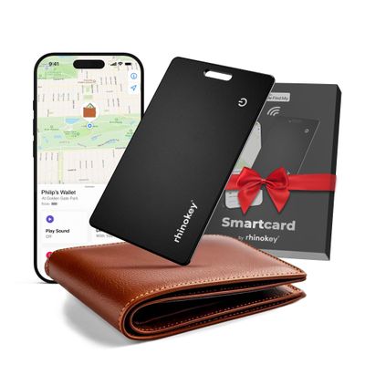 Rhinokey Mens Valentines Day Gifts for Him Apple MFi Certified Wallet Tracker Card Works with Apple Find My (iOS Only) Slim 0.07in Rechargeable IP68 Waterproof Tracker Item Finder AirTag Card
