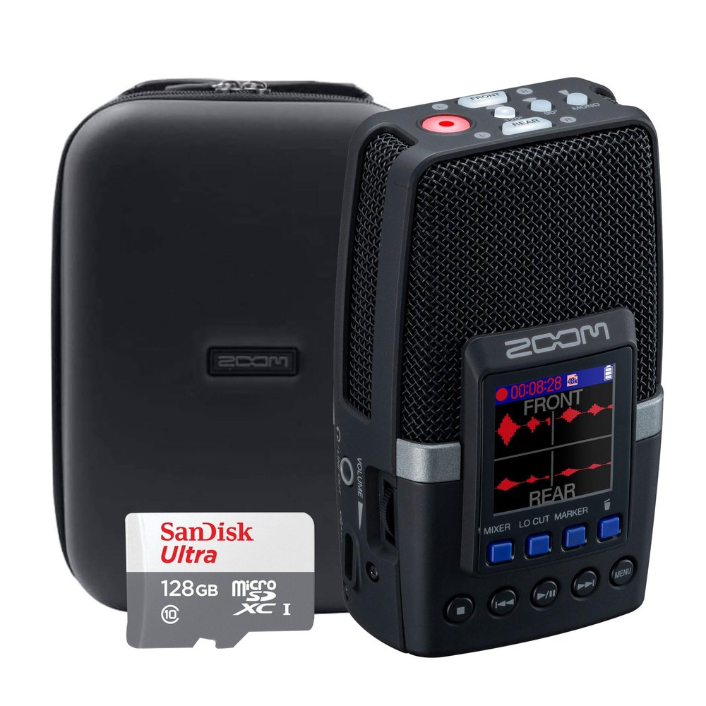 Zoom H2essential Multi-Mic 32-Bit Float Handy Recorder with Zoom SCU-20 Universal Soft Shell Case and 128GB Ultra UHS-I microSDXC Card