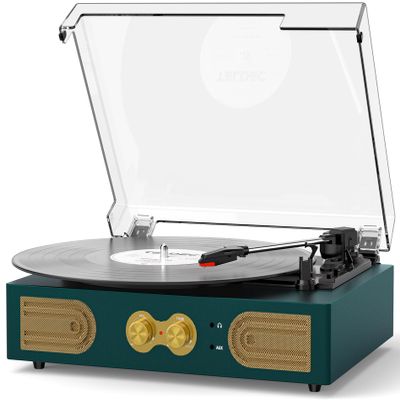 Vinyl Record Player with Built-in Speakers, Vintage 3-Speed Turntable, Bass/Treble Control, Headphone Jack, RCA/AUX Outputs, Belt-Driven LP Player, Green