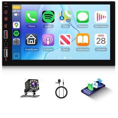 7 Inch Double Din Car Stereo-IPS Touch Screen Car Radio with Wireless Carplay Android Auto,Bluetooth,Mirror Link,EQ,SWC,FM Radio,USB/AUX, Car Audio Receivers with Camera